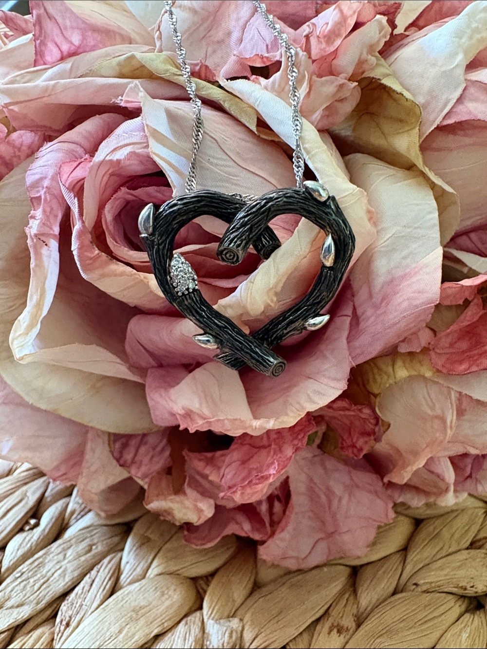 Stephen Dweck Black Rhodium Silver Heart Twig Pendant with Pave Diamond Accents